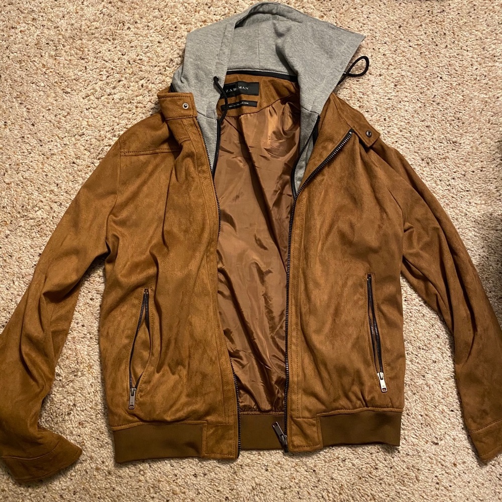 Zara Mens Faux Leather Hoodie Jacket L Brown
